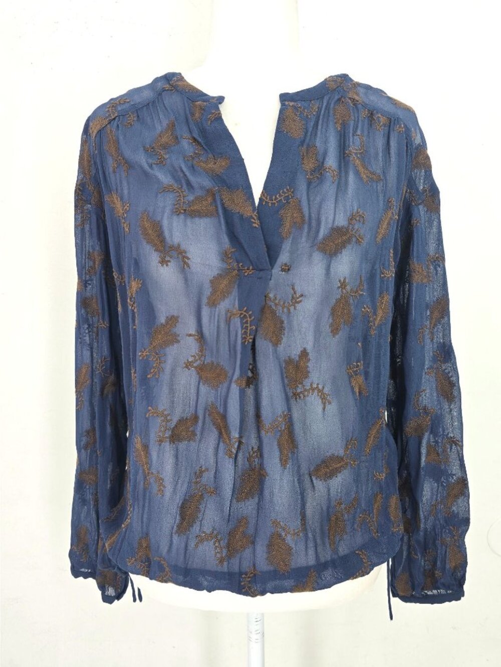 Wrap London Navy Blue Embroidered Boho Long Sleeve Fit Relaxed Top Women Size 8